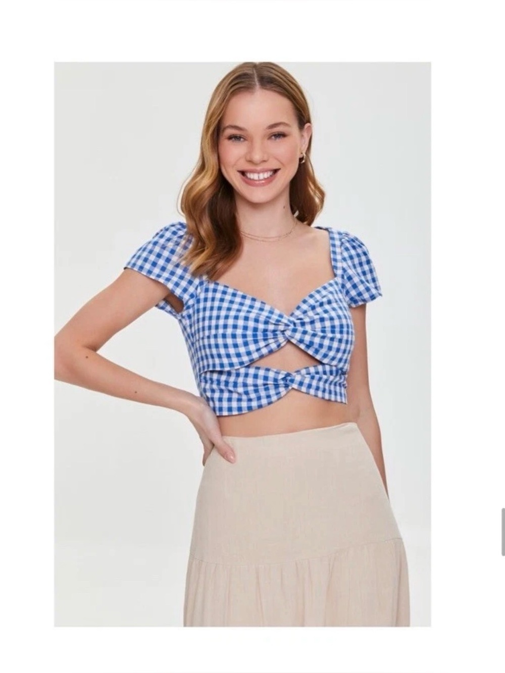 Blue Gingham Twist-Front Crop Top